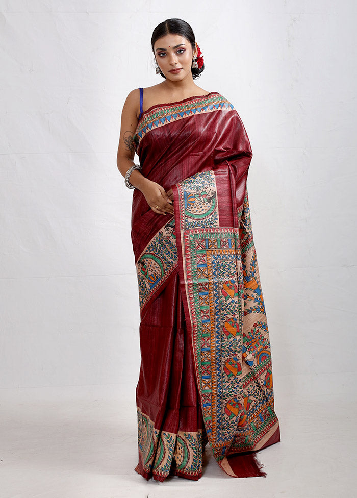 Red Madhubani Printed Tussar Silk Saree With Blouse Piece - Indian Silk House Agencies