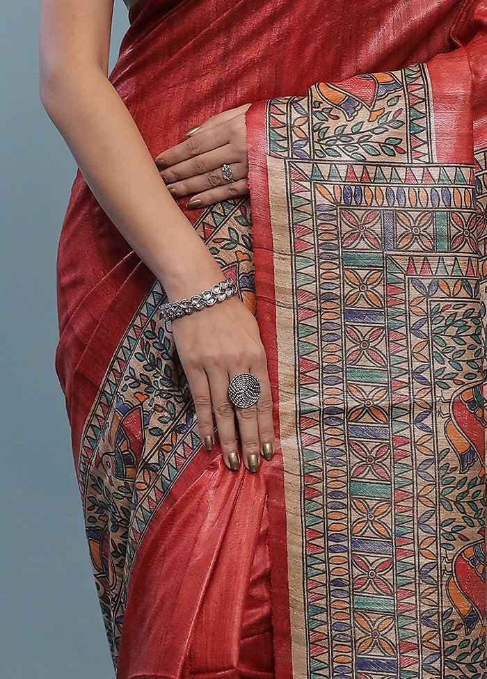 Red Madhubani Printed Tussar Silk Saree With Blouse Piece - Indian Silk House Agencies