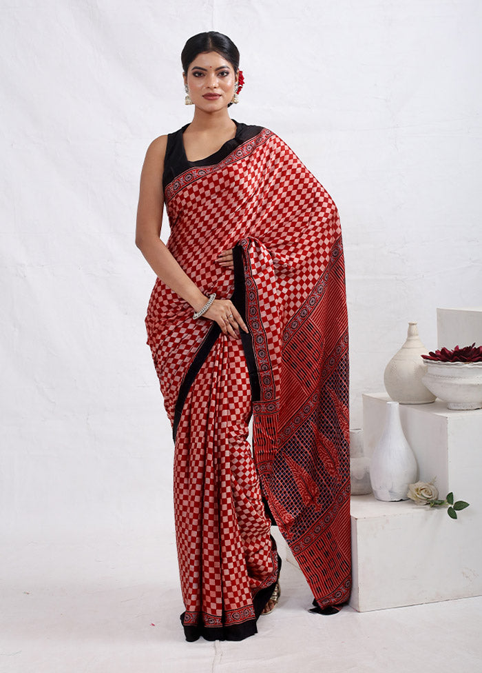 Red Printed Pure Silk Saree With Blouse Piece - Indian Silk House Agencies
