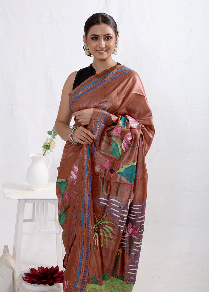 Brown Kantha Stitch Pure Silk Saree With Blouse Piece - Indian Silk House Agencies