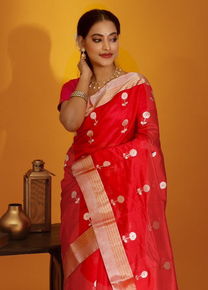 Red Chanderi Pure Cotton Saree With Blouse Piece - Indian Silk House Agencies