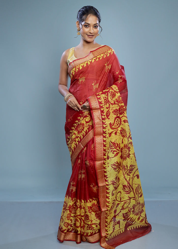 Red Printed Pure Silk Saree Without Blouse Piece - Indian Silk House Agencies
