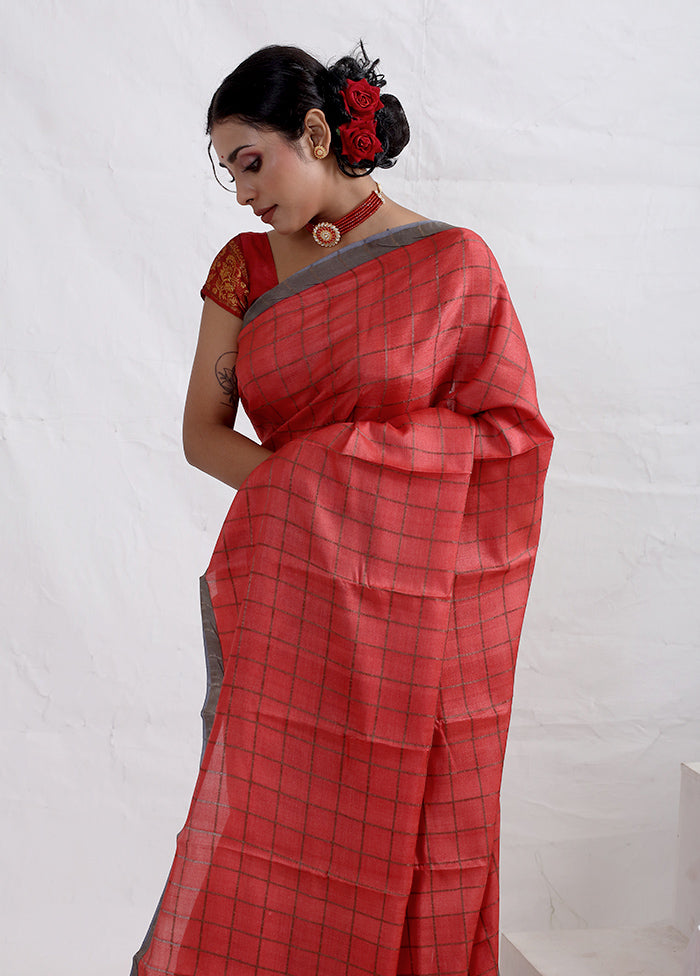 Red Tussar Pure Silk Saree With Blouse Piece - Indian Silk House Agencies