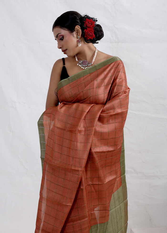 Rust Tussar Pure Silk Saree With Blouse Piece - Indian Silk House Agencies