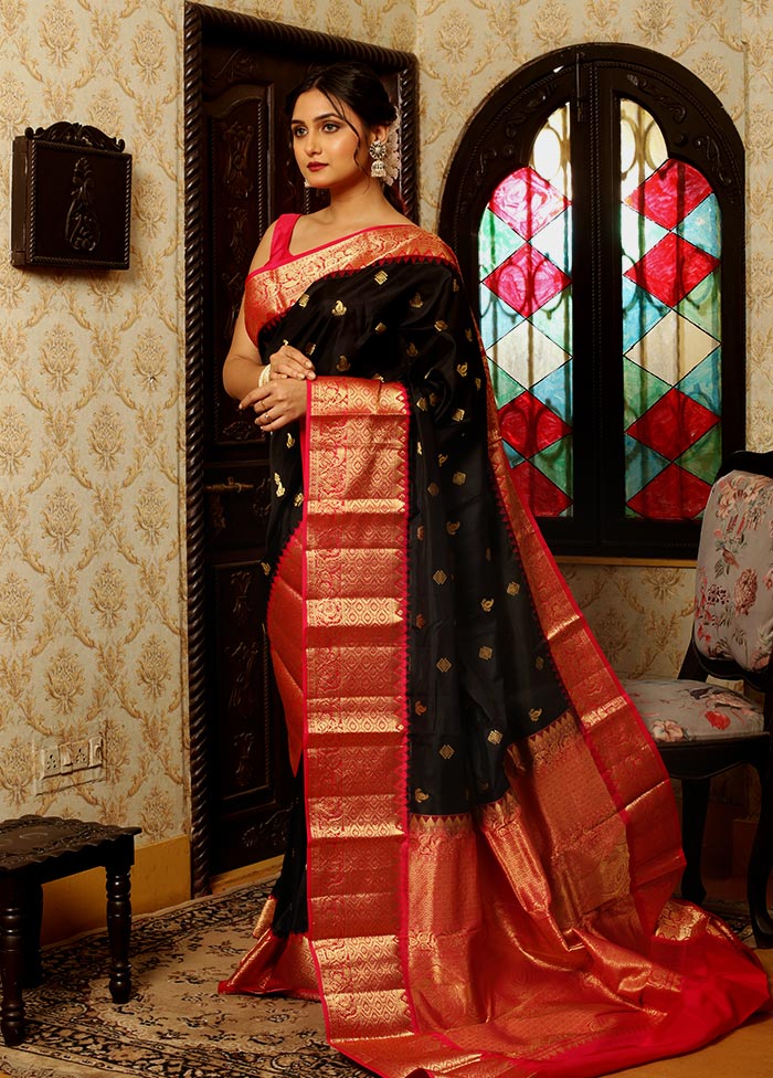 Black And Pink Pure Kanjivaram Silk Saree With Blouse Piece - Indian Silk House Agencies