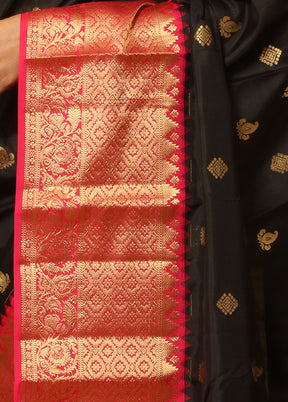 Black And Pink Pure Kanjivaram Silk Saree With Blouse Piece - Indian Silk House Agencies