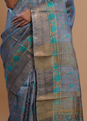 Grey Tussar Silk Saree With Blouse Piece - Indian Silk House Agencies