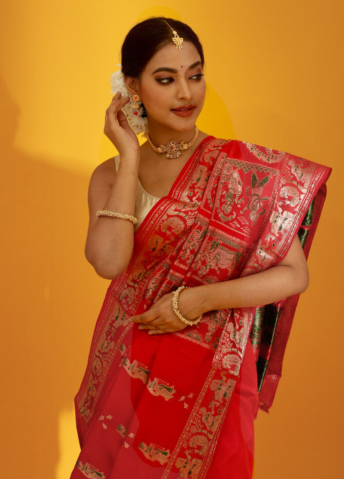 Red Baluchari Pure Silk Saree With Blouse Piece - Indian Silk House Agencies