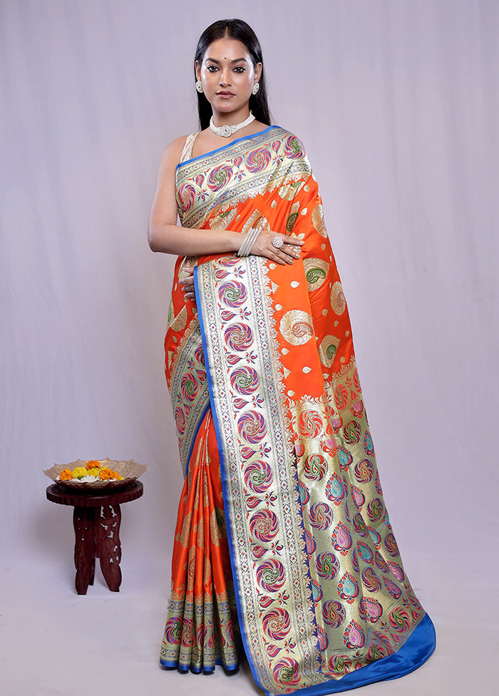 Orange Banarasi Silk Saree With Blouse Piece - Indian Silk House Agencies
