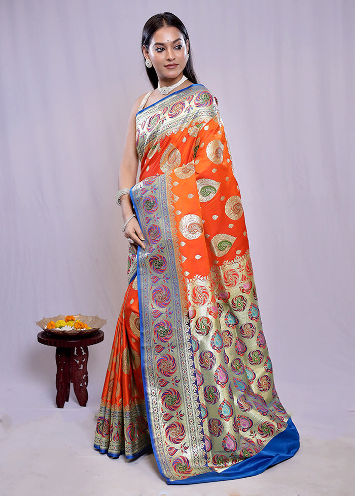 Orange Banarasi Silk Saree With Blouse Piece - Indian Silk House Agencies