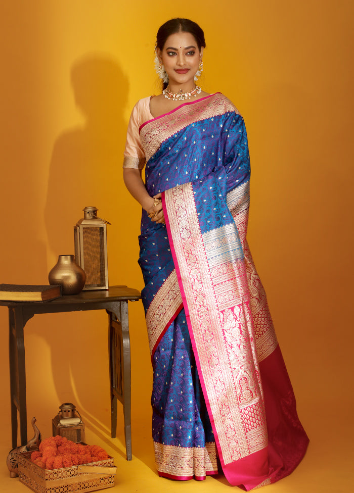 Blue Tanchoi Banarasi Pure Silk Saree With Blouse Piece - Indian Silk House Agencies