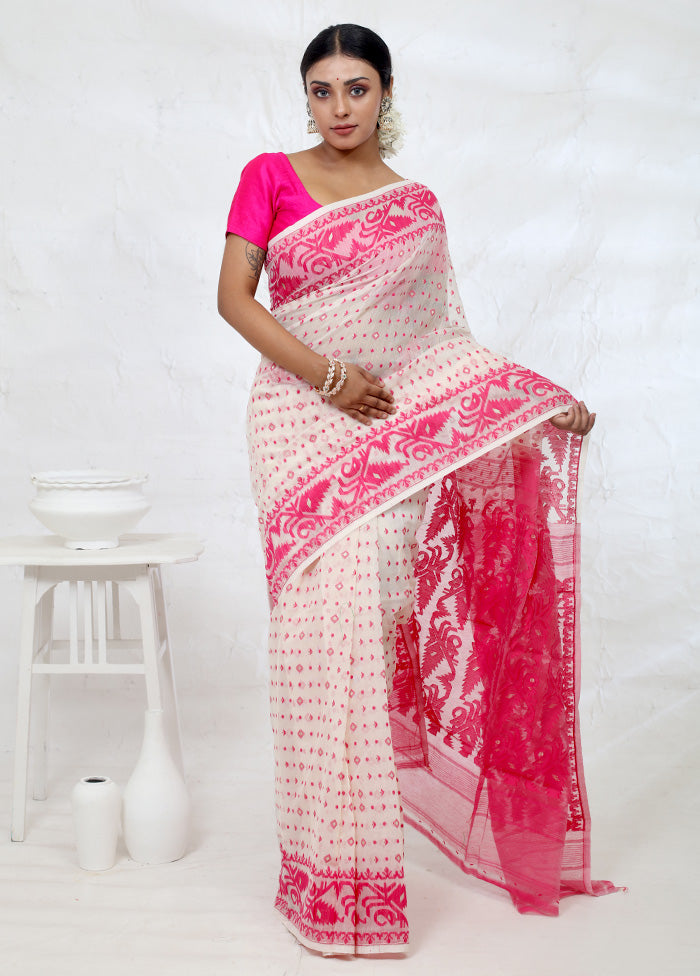 White Tant Cotton Saree Without Blouse Piece - Indian Silk House Agencies
