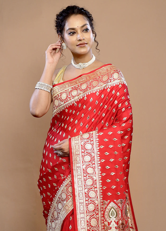 Red Banarasi Pure Silk Saree With Blouse Piece - Indian Silk House Agencies