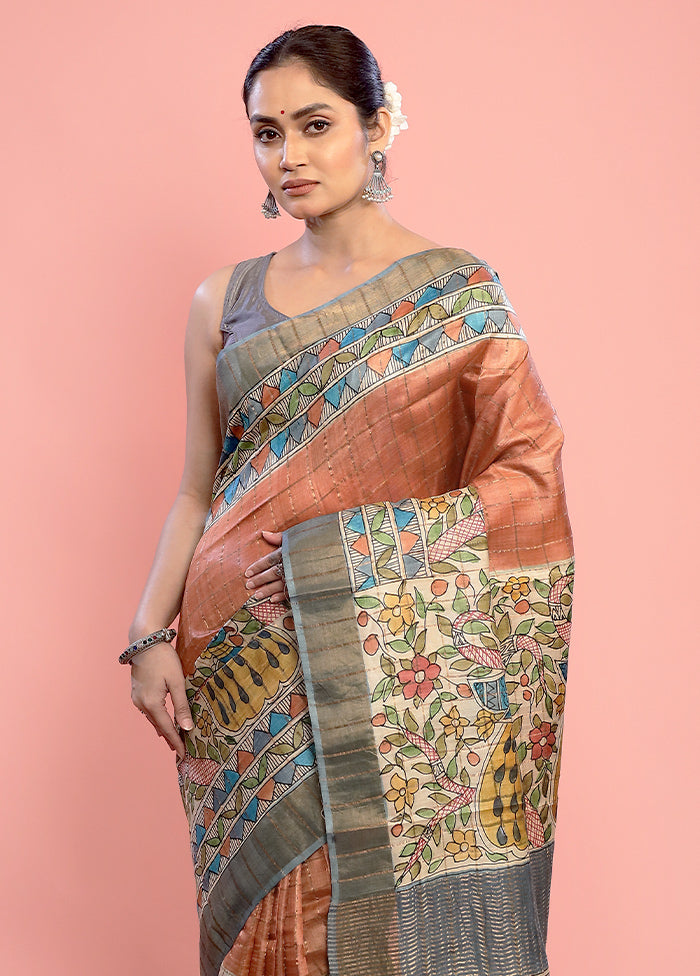 Peach Tussar Pure Silk Saree With Blouse Piece - Indian Silk House Agencies