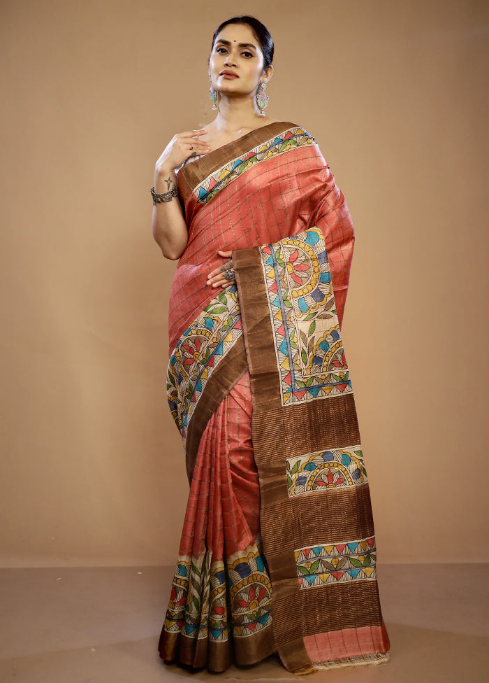 Pink Tussar Pure Silk Saree With Blouse Piece - Indian Silk House Agencies