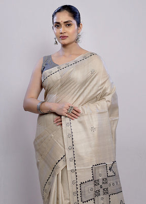 Cream Tussar Pure Silk Saree With Blouse Piece - Indian Silk House Agencies