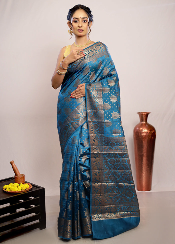 Blue Katan Silk Saree With Blouse Piece - Indian Silk House Agencies