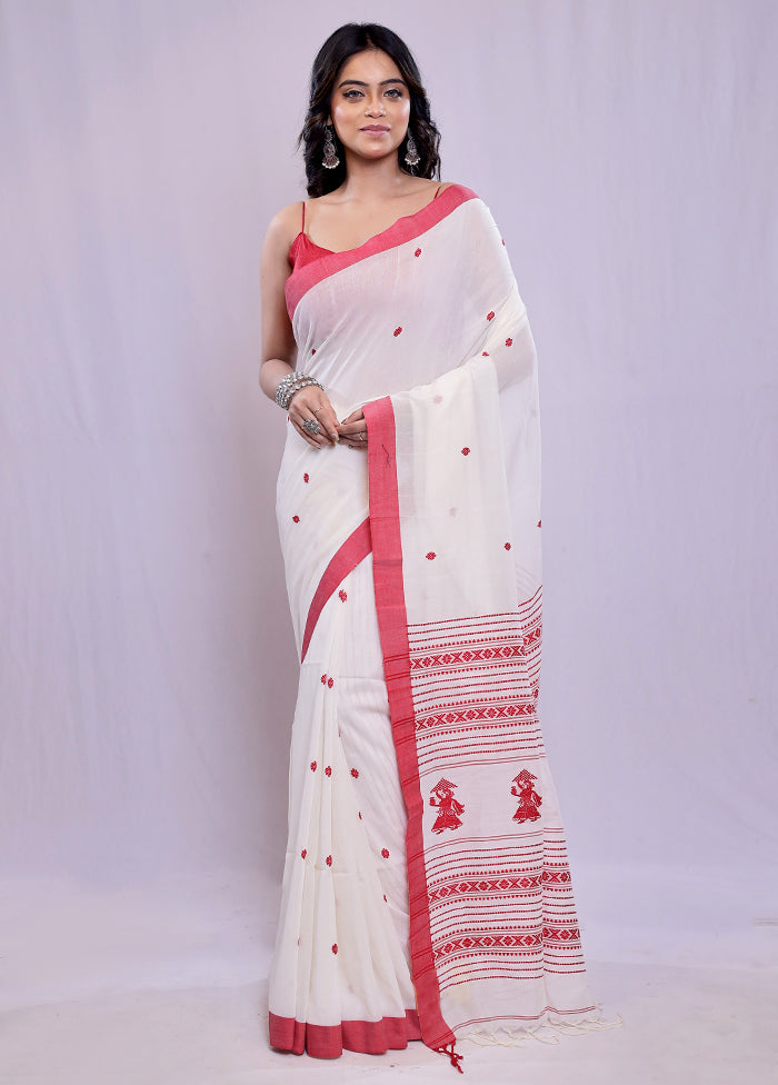 White Khadi Cotton Saree With Blouse Piece - Indian Silk House Agencies