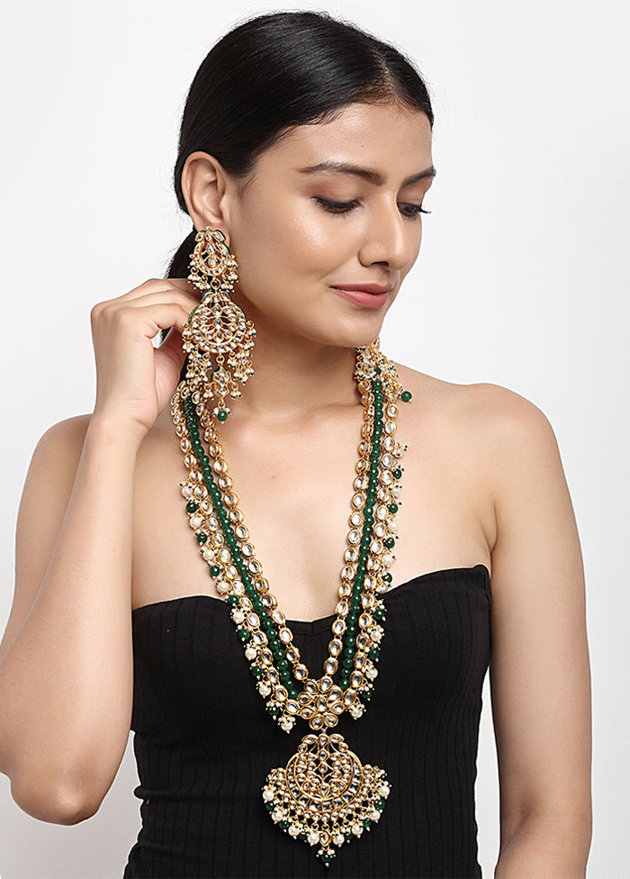 Gold Plated Kundan Jewellery Set With Emerald Green Beads - Indian Silk House Agencies