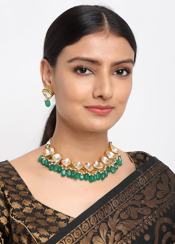 Gold Plated Kundan Jewellery Set With Emerald Green Beads