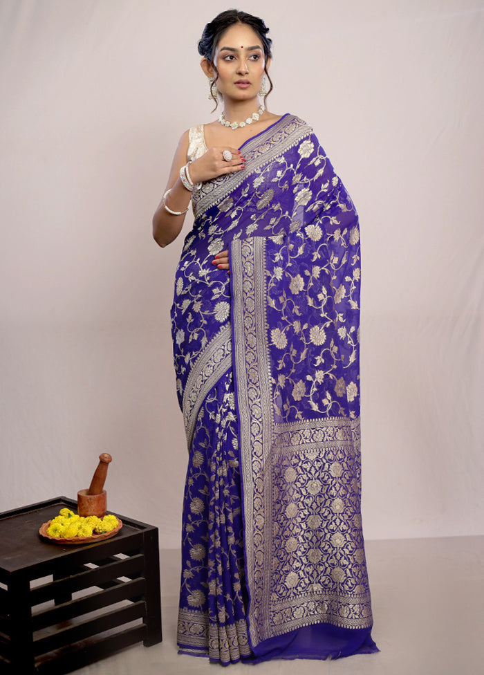Royal Blue Chiffon Pure Silk Saree With Blouse Piece - Indian Silk House Agencies