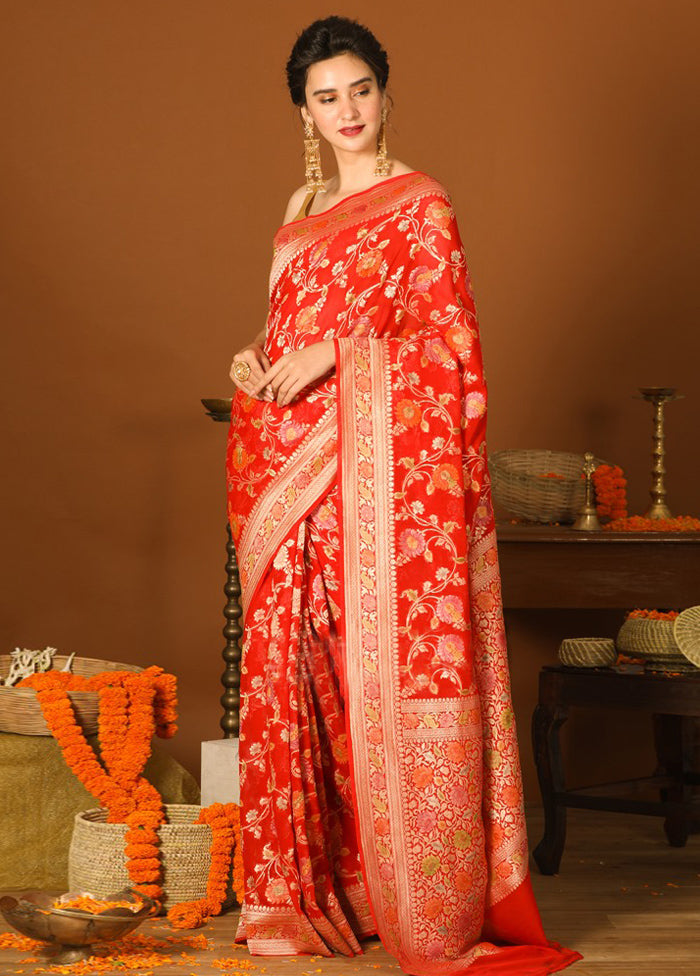 Red Chiffon Pure Silk Saree With Blouse Piece - Indian Silk House Agencies