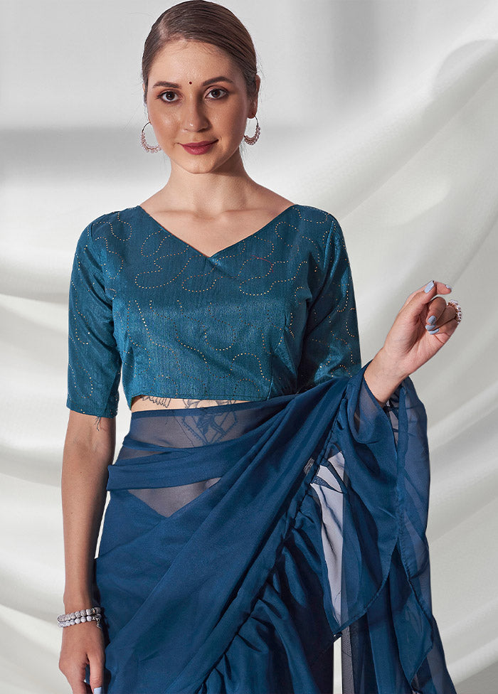 Teal Blue Organza Saree With Blouse Piece - Indian Silk House Agencies