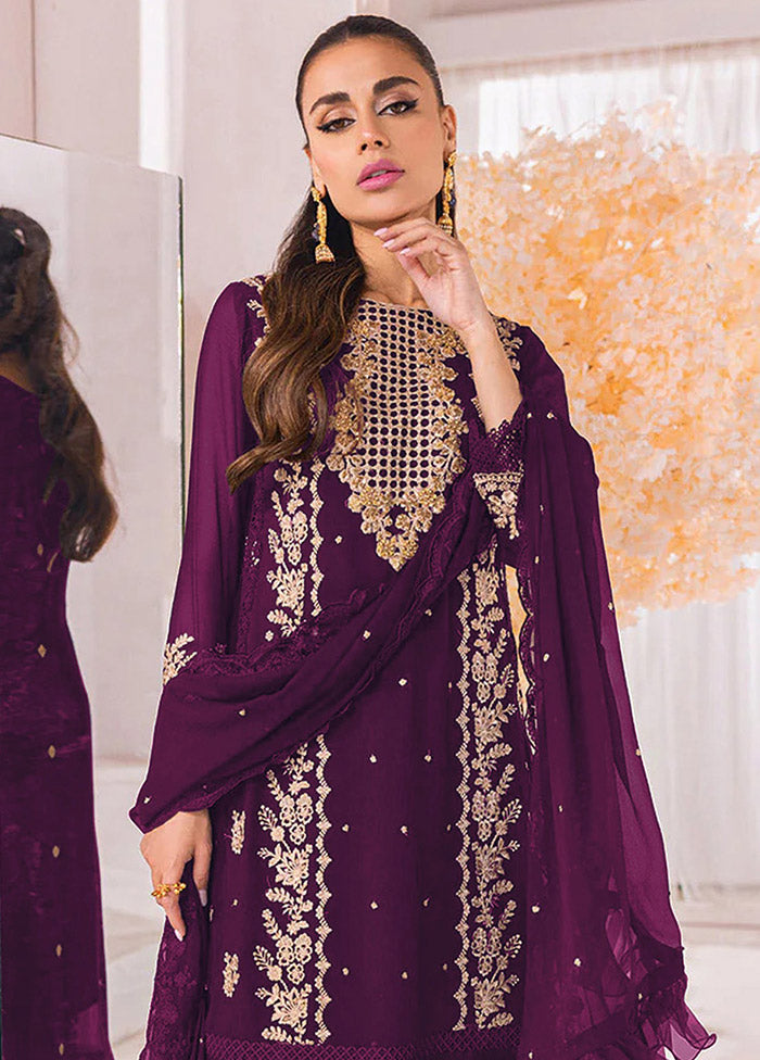 3 Pc Purple Unstitched Georgette Suit Set - Indian Silk House Agencies