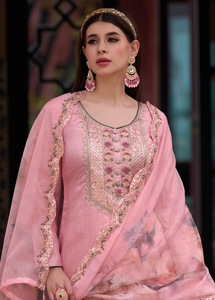3 Pc Pink Unstitched Viscose Suit Set - Indian Silk House Agencies