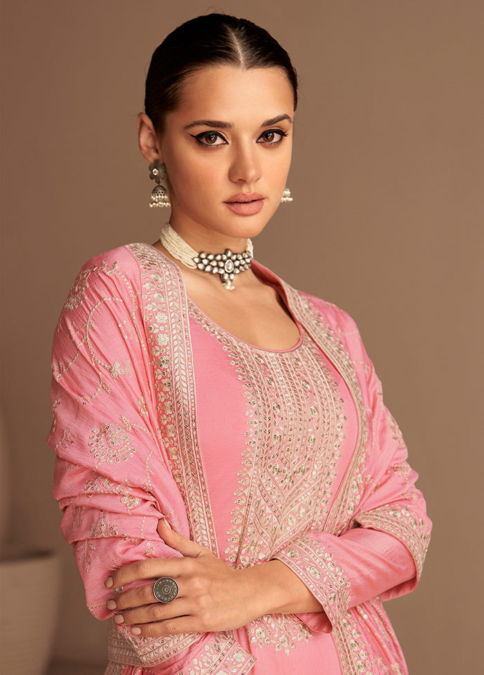 3 Pc Pink Unstitched Silk Suit Set - Indian Silk House Agencies