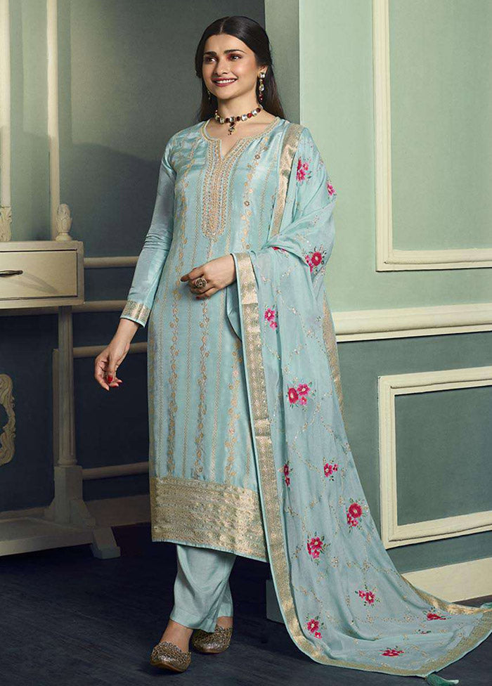 3 Pc Sky Blue Unstitched Viscose Suit Set - Indian Silk House Agencies