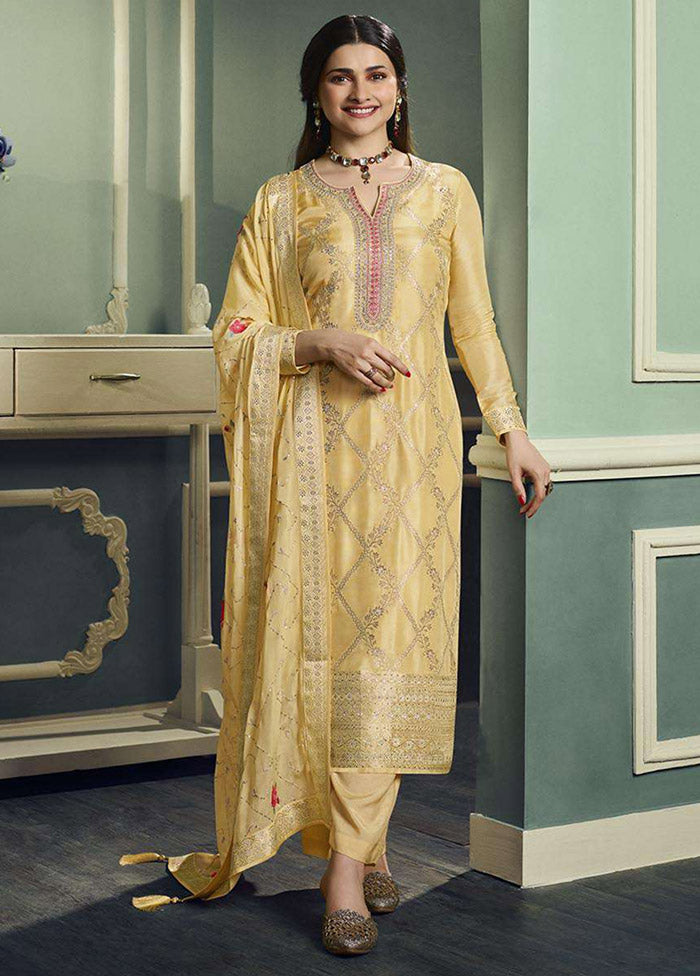 3 Pc Yellow Unstitched Viscose Suit Set - Indian Silk House Agencies