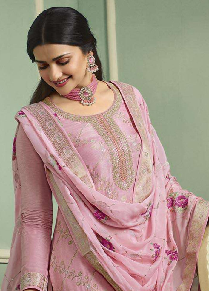 3 Pc Pink Unstitched Viscose Suit Set - Indian Silk House Agencies