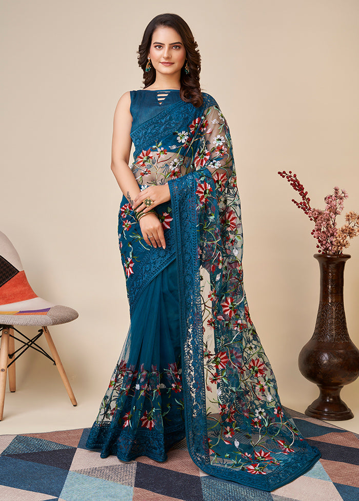 Teal Blue Net Saree With Blouse Piece - Indian Silk House Agencies