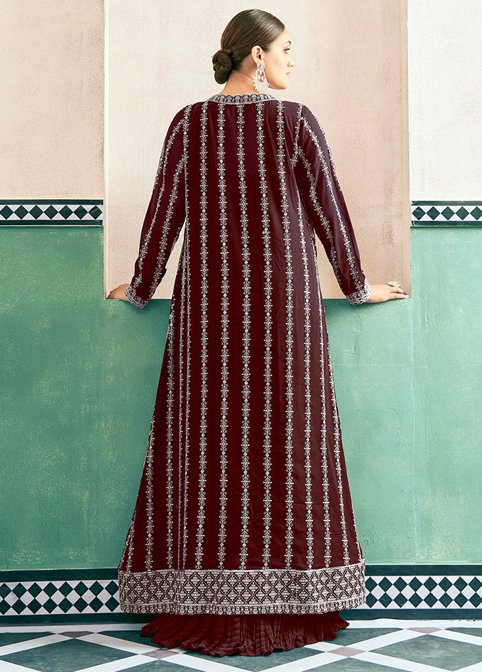 3 Pc Maroon Georgette Unstitched Suit Set - Indian Silk House Agencies