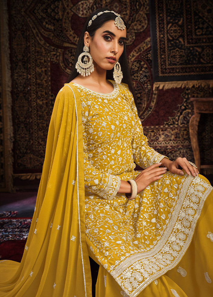 3 Pc Mustard Georgette Unstitched Suit Set - Indian Silk House Agencies