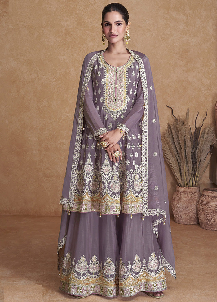 3 Pc Violet Unstitched Georgette Suit Set - Indian Silk House Agencies