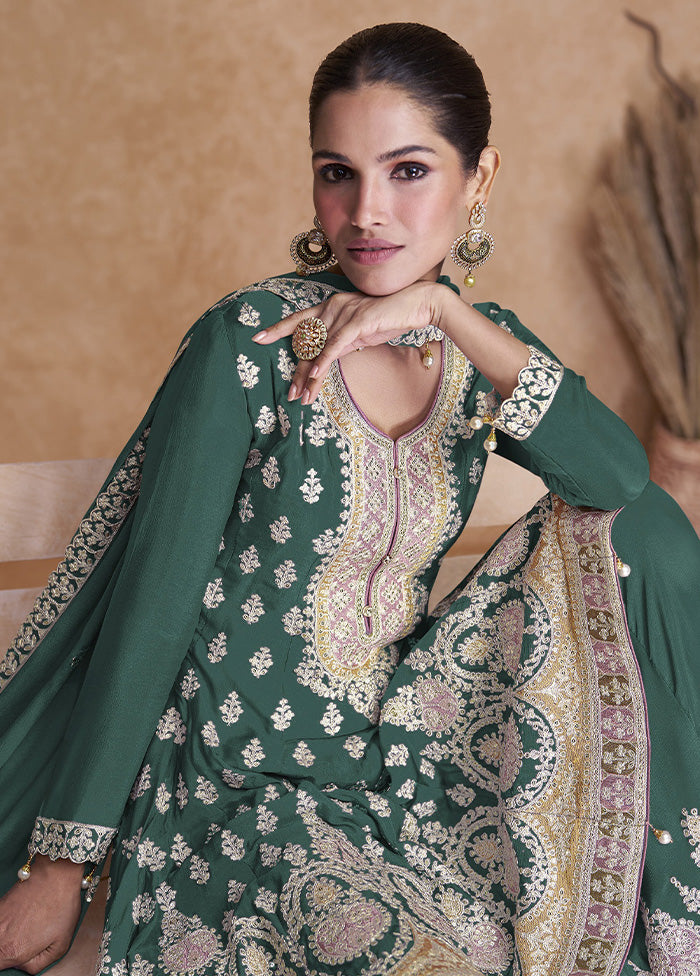 3 Pc Mint Green Unstitched Georgette Suit Set - Indian Silk House Agencies