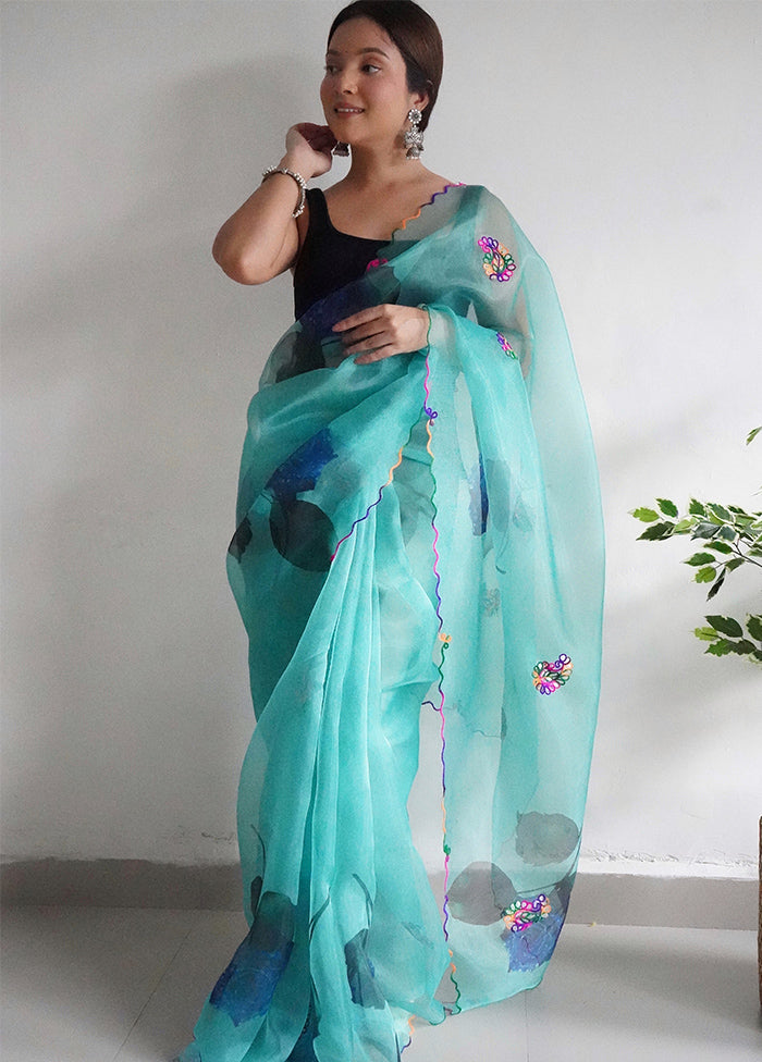 Sky Blue Organza Saree With Blouse Piece - Indian Silk House Agencies