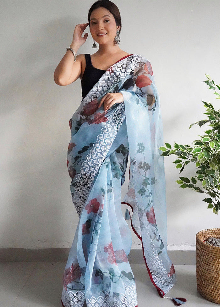 Sky Blue Organza Saree With Blouse Piece - Indian Silk House Agencies