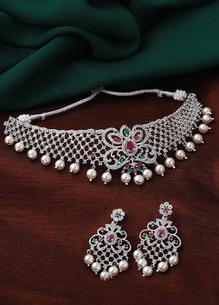 Rhodium Plated CZ Elegant Bridal Choker Necklace Set - Indian Silk House Agencies