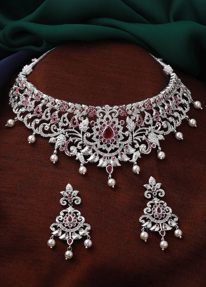 Rhodium Plated CZ Magnificent Bridal Necklace Set - Indian Silk House Agencies