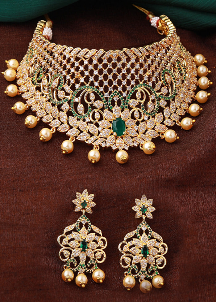 Gold Plated CZ Grand Gorgeous Bridal Choker Set - Indian Silk House Agencies