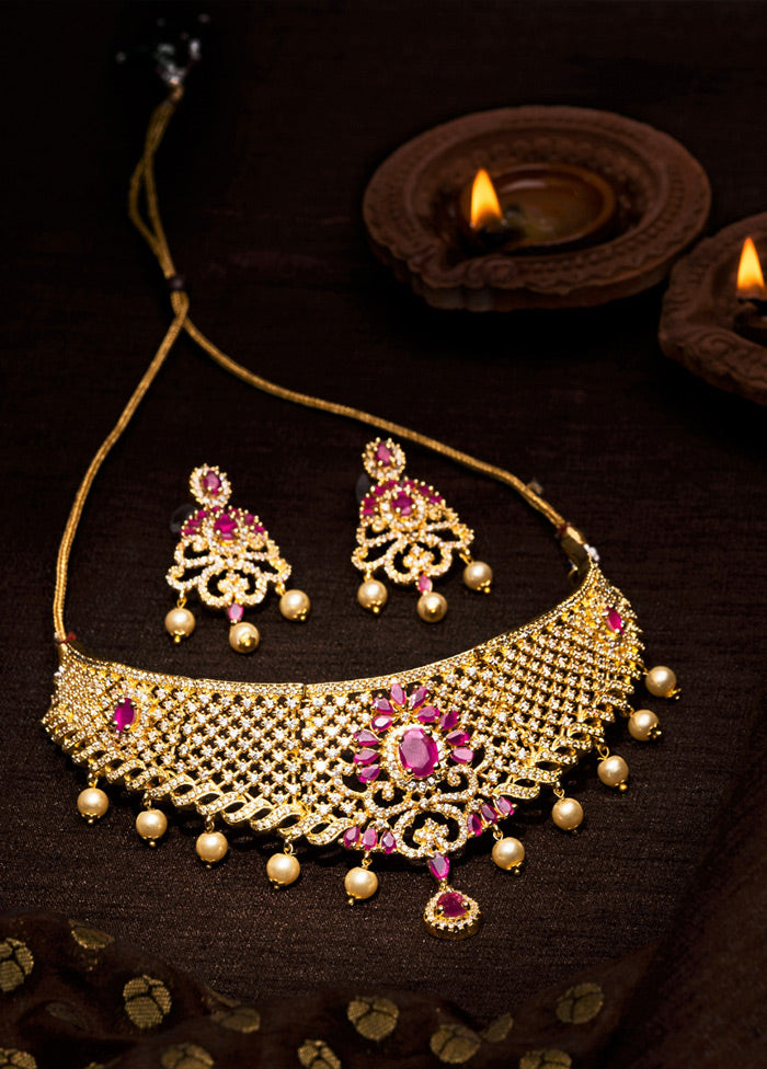 Gold Plated CZ Fascinating Bridal Choker Necklace Set - Indian Silk House Agencies