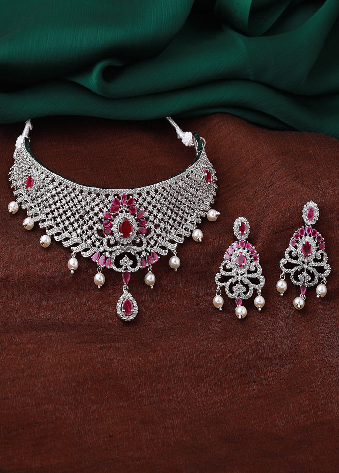 Rhodium Plated CZ Traditional Bridal Choker Set - Indian Silk House Agencies