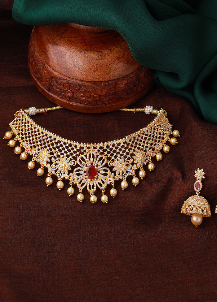 Gold Plated CZ Floral Design Bridal Choker Necklace Set - Indian Silk House Agencies