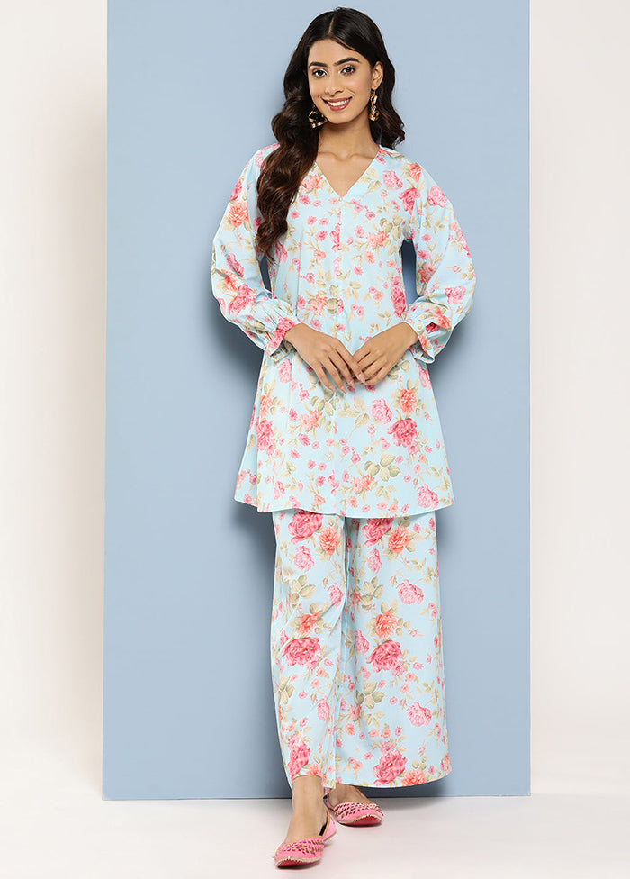 2 Pc Powder Blue Polyester Coord Set - Indian Silk House Agencies