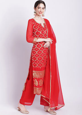 3 Pc Red Readymade Georgette Suit Set - Indian Silk House Agencies