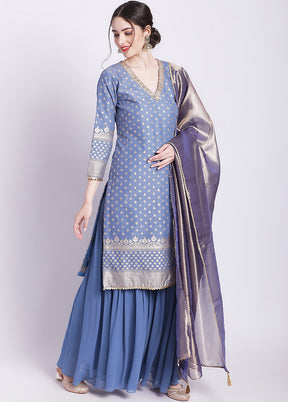 3 Pc Blue Readymade Chanderi Suit Set - Indian Silk House Agencies