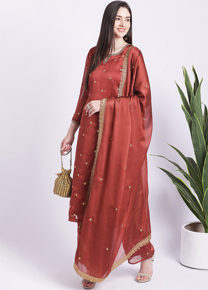 3 Pc Rust Readymade Georgette Suit Set - Indian Silk House Agencies